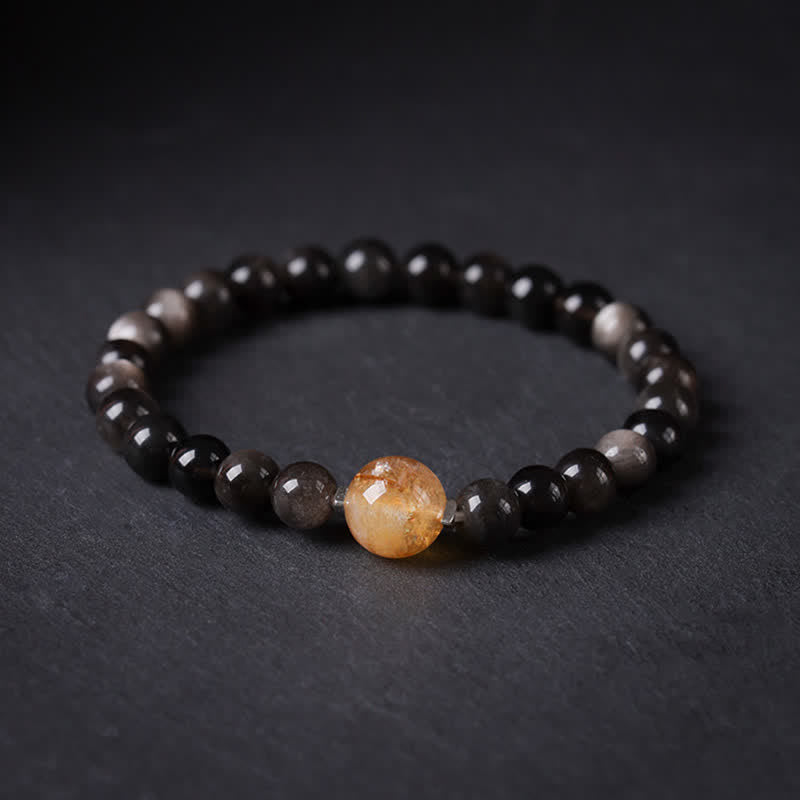 Buddha Stones Bracelet rond chinois neuf tissé à la main en obsidienne noire, symbole d'ancrage - perle supérieure en citrine - Obsidienne noire (Purification ♥ Force) - image 0