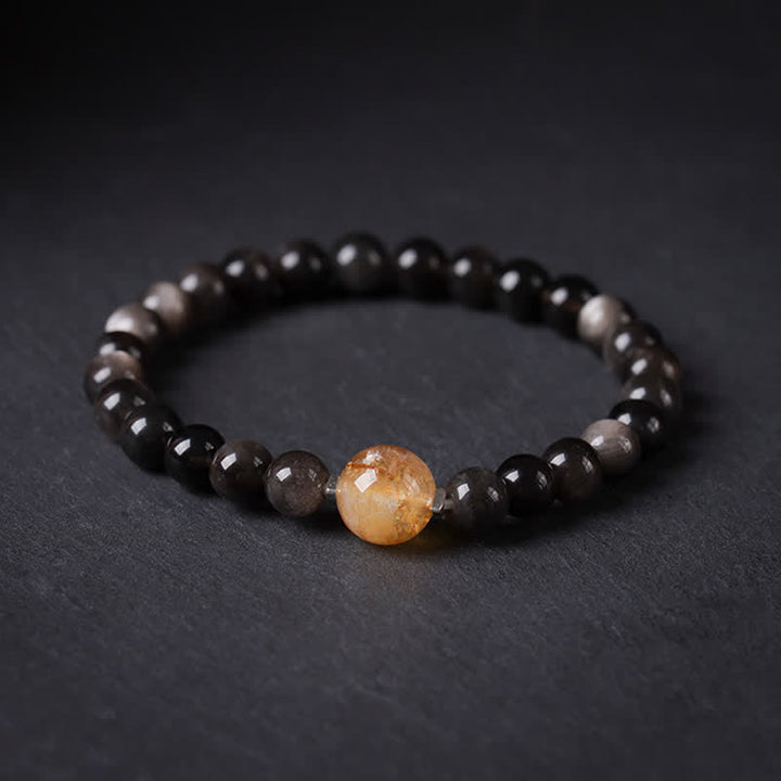 Buddha Stones Bracelet rond chinois neuf tissé à la main en obsidienne noire, symbole d'ancrage - perle supérieure en citrine - Obsidienne noire (Purification ♥ Force) - image 0