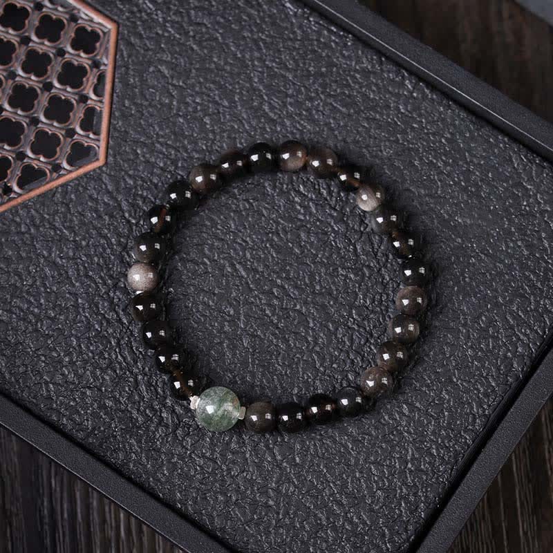 Buddha Stones Bracelet rond chinois neuf tissé à la main en obsidienne noire, symbole d'ancrage - Perle supérieure fantôme verte - Obsidienne noire (Purification ♥ Force) - image 1