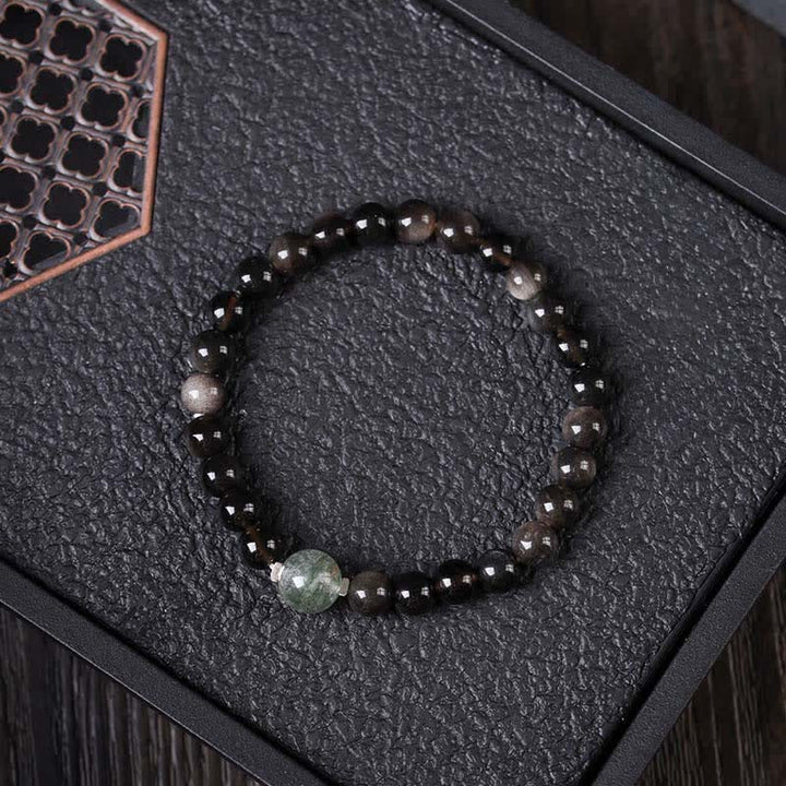 Buddha Stones Bracelet rond chinois neuf tissé à la main en obsidienne noire, symbole d'ancrage - Perle supérieure fantôme verte - Obsidienne noire (Purification ♥ Force) - image 1