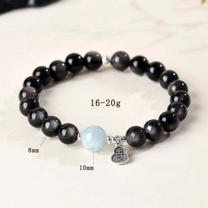 Buddha Stones Bracelet rond porte-bonheur en obsidienne argentée et aigue-marine, orné d'une gourde. - image 4