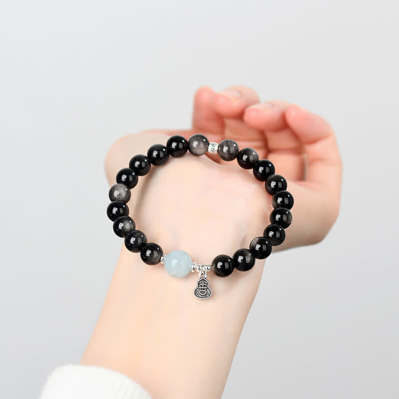 Buddha Stones Bracelet rond porte-bonheur en obsidienne argentée et aigue-marine, orné d'une gourde. - image 7