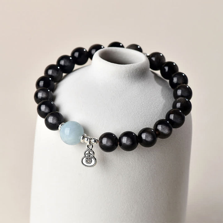 Buddha Stones Bracelet rond porte-bonheur en obsidienne argentée et aigue-marine, orné d'une gourde. - image 3