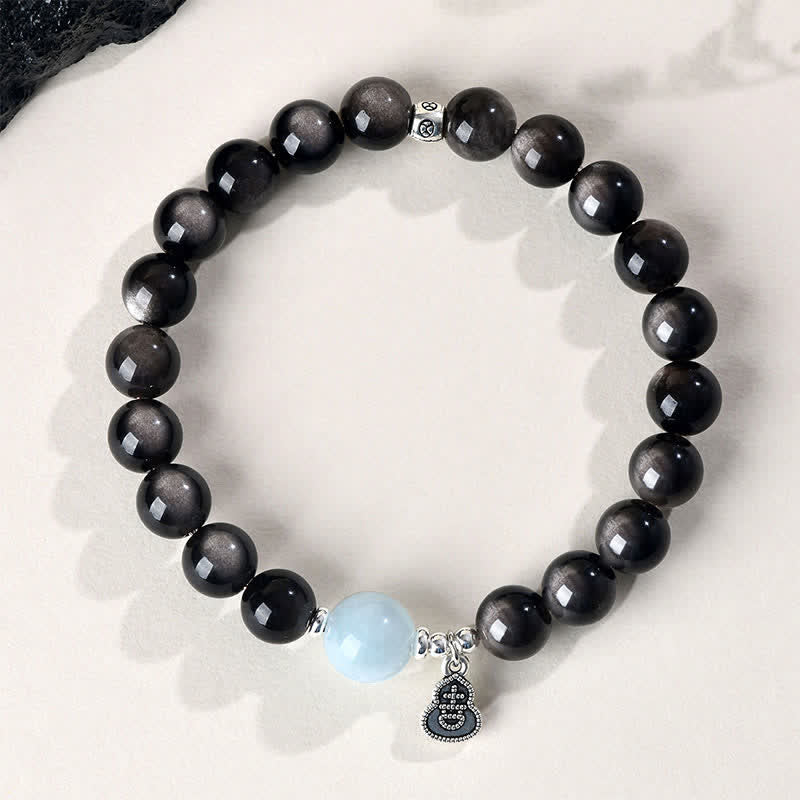 Buddha Stones Bracelet rond porte-bonheur en obsidienne argentée et aigue-marine, orné d'une gourde. - image 1