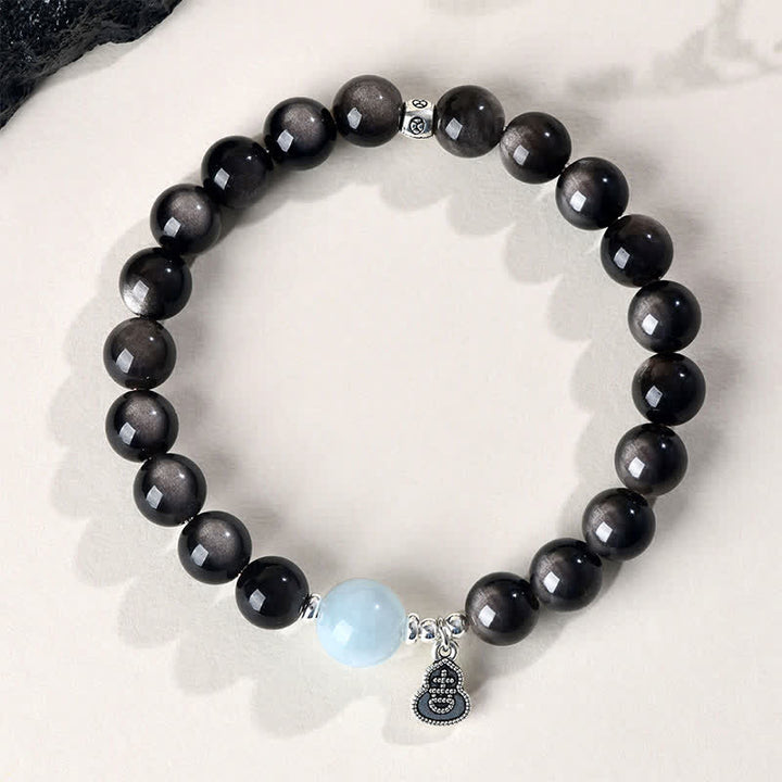 Buddha Stones Bracelet rond porte-bonheur en obsidienne argentée et aigue-marine, orné d'une gourde. - image 1