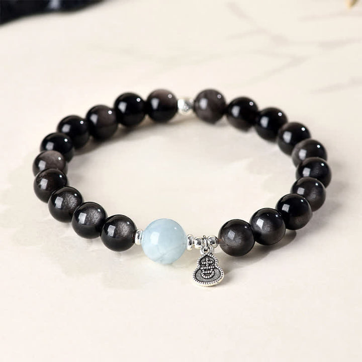 Buddha Stones Bracelet rond porte-bonheur en obsidienne argentée et aigue-marine, orné d'une gourde. - Obsidienne à reflets argentés (Protection ♥ Apaisement) - image 0