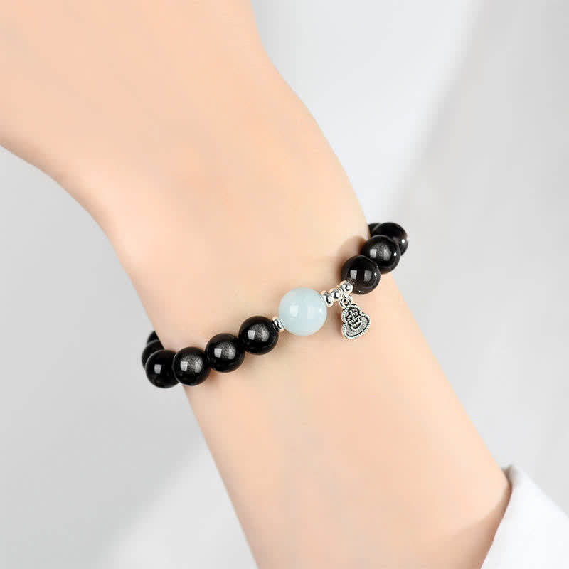 Buddha Stones Bracelet rond porte-bonheur en obsidienne argentée et aigue-marine, orné d'une gourde. - image 8