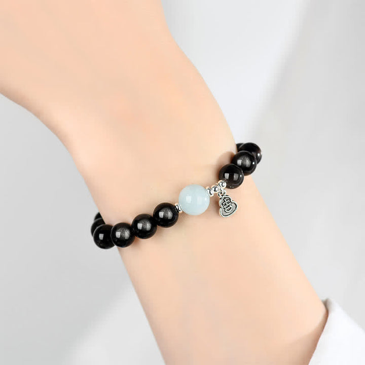 Buddha Stones Bracelet rond porte-bonheur en obsidienne argentée et aigue-marine, orné d'une gourde. - image 8