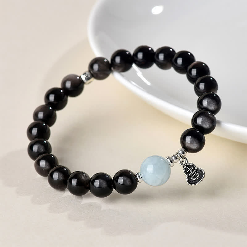 Buddha Stones Bracelet rond porte-bonheur en obsidienne argentée et aigue-marine, orné d'une gourde. - image 2