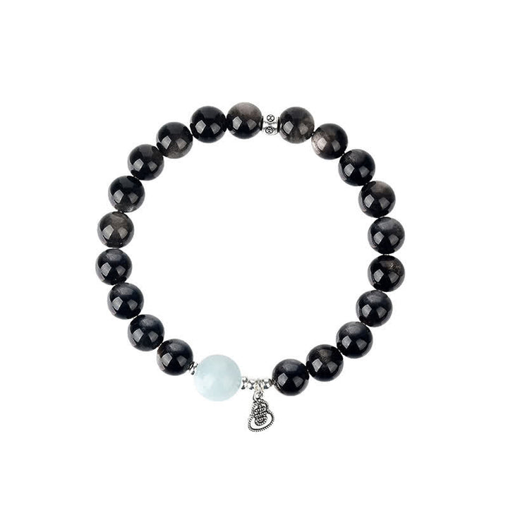 Buddha Stones Bracelet rond porte-bonheur en obsidienne argentée et aigue-marine, orné d'une gourde. - image 9