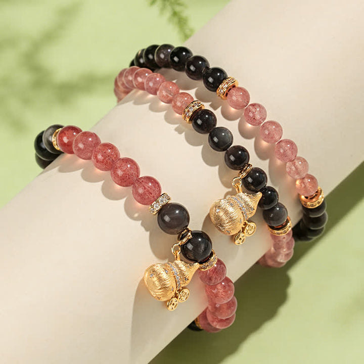 Buddha Stones Bracelet en quartz fraise et fil d'or en forme de gourde, symbole de bénédiction et d'amour - image 3