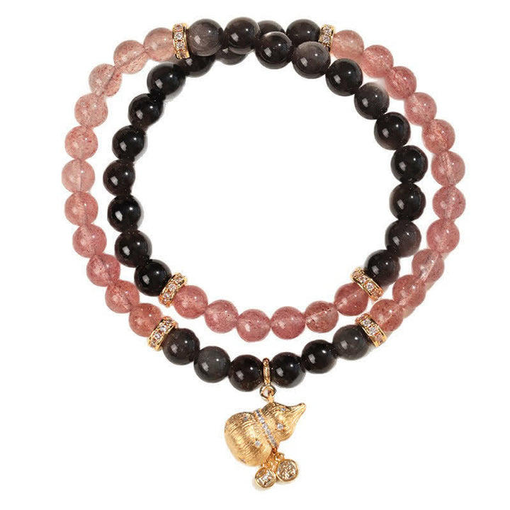 Buddha Stones Bracelet en quartz fraise et fil d'or en forme de gourde, symbole de bénédiction et d'amour - image 7