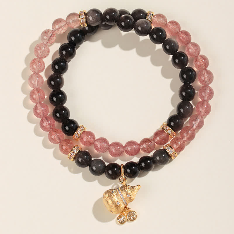 Buddha Stones Bracelet en quartz fraise et fil d'or en forme de gourde, symbole de bénédiction et d'amour - Bracelet double tour - Quartz fraise (Amour ♥ Guérison) - image 1