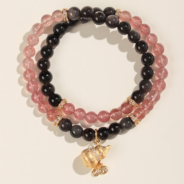 Buddha Stones Bracelet en quartz fraise et fil d'or en forme de gourde, symbole de bénédiction et d'amour - Bracelet double tour - Quartz fraise (Amour ♥ Guérison) - image 1