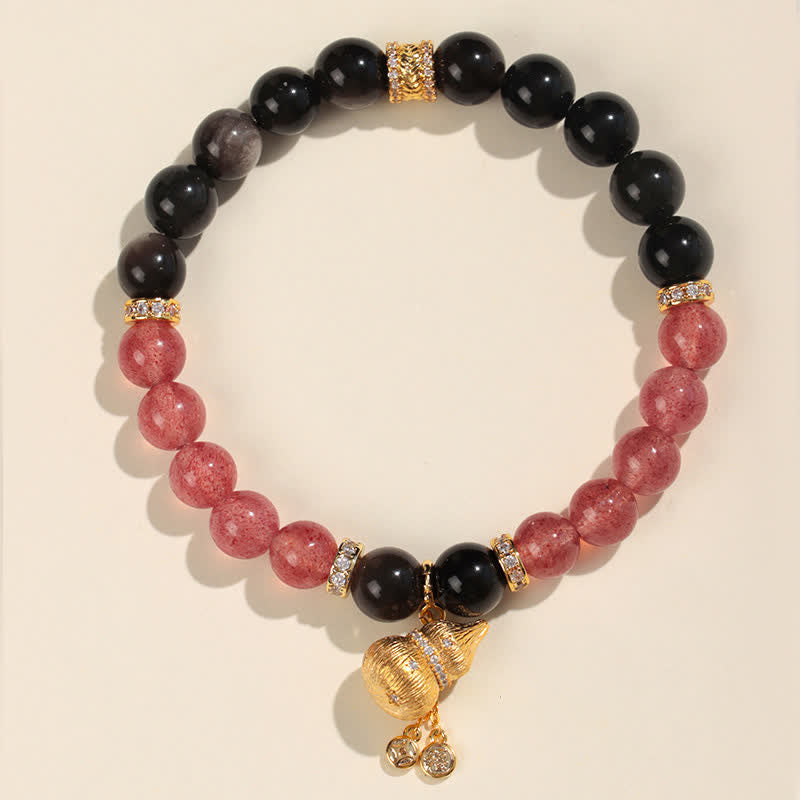 Buddha Stones Bracelet en quartz fraise et fil d'or en forme de gourde, symbole de bénédiction et d'amour - Bracelet à un seul tour - Quartz fraise (Amour ♥ Guérison) - image 0