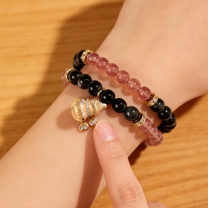 Buddha Stones Bracelet en quartz fraise et fil d'or en forme de gourde, symbole de bénédiction et d'amour - image 2