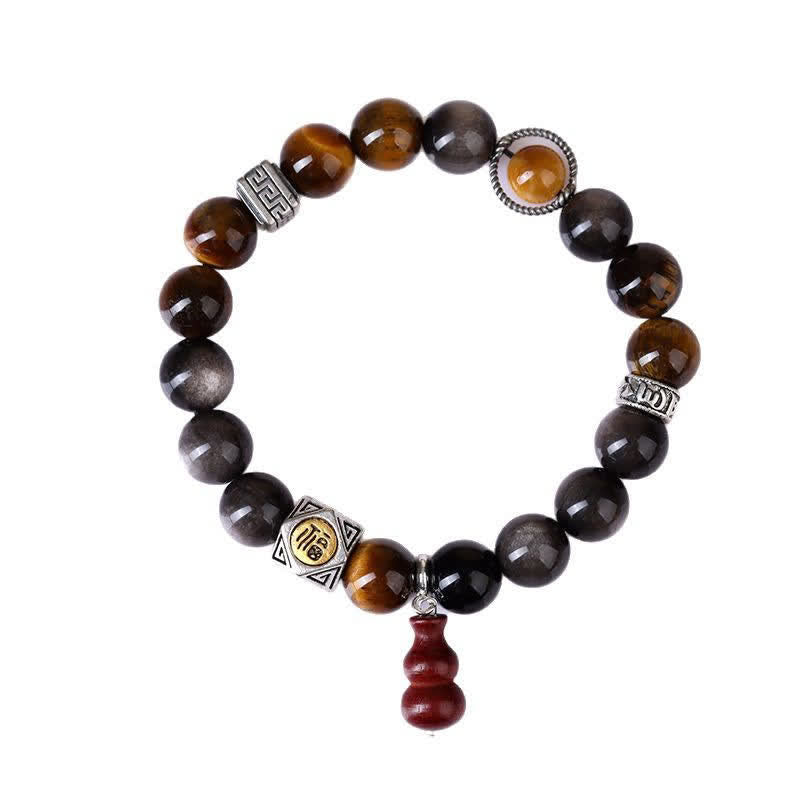 Buddha Stones Bracelet en calebasse orné du symbole Fu, en obsidienne argentée et à reflets argentés, symbole d'ancrage. - image 9