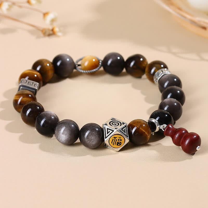 Buddha Stones Bracelet en calebasse orné du symbole Fu, en obsidienne argentée et à reflets argentés, symbole d'ancrage. - image 1