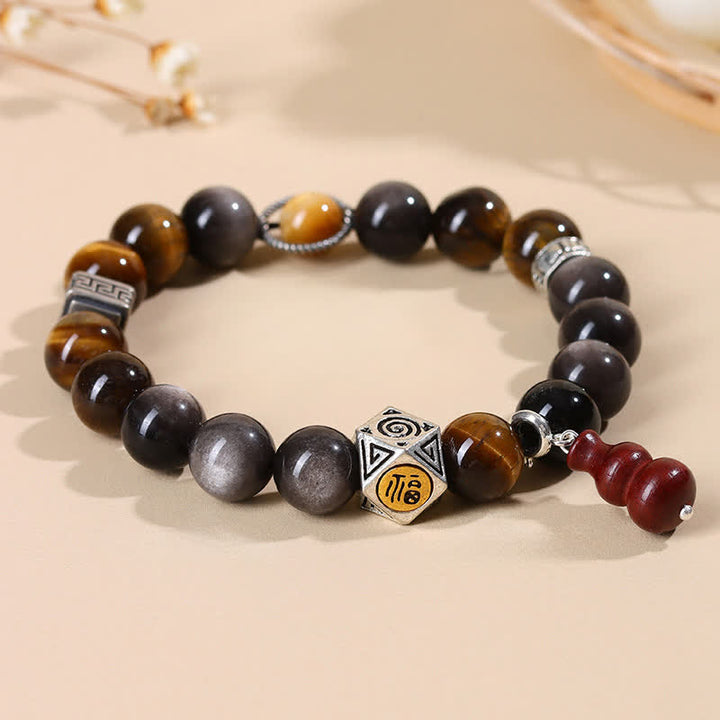 Buddha Stones Bracelet en calebasse orné du symbole Fu, en obsidienne argentée et à reflets argentés, symbole d'ancrage. - image 1