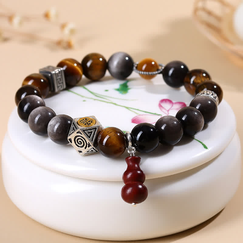 Buddha Stones Bracelet en calebasse orné du symbole Fu, en obsidienne argentée et à reflets argentés, symbole d'ancrage. - image 3