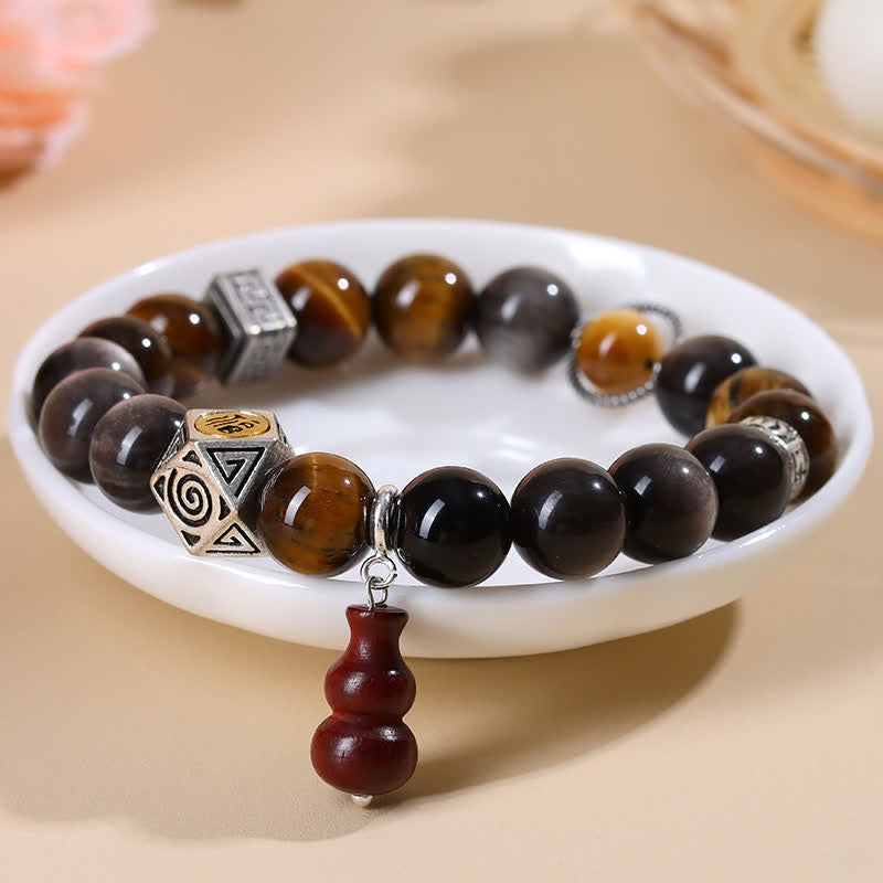 Buddha Stones Bracelet en calebasse orné du symbole Fu, en obsidienne argentée et à reflets argentés, symbole d'ancrage. - image 2