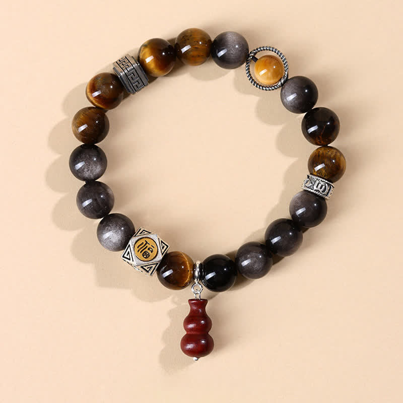 Buddha Stones Bracelet en calebasse orné du symbole Fu, en obsidienne argentée et à reflets argentés, symbole d'ancrage. - Personnage Fu (Chance ♥ Bénédiction) - Obsidienne à reflets argentés (Protection ♥ Apaisement) - image 0