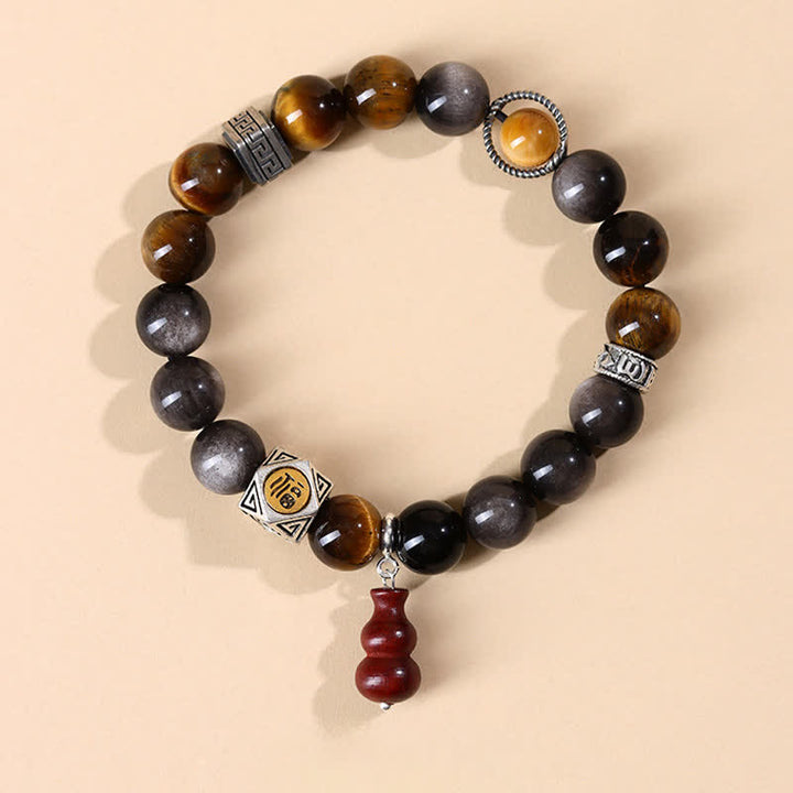 Buddha Stones Bracelet en calebasse orné du symbole Fu, en obsidienne argentée et à reflets argentés, symbole d'ancrage. - Personnage Fu (Chance ♥ Bénédiction) - Obsidienne à reflets argentés (Protection ♥ Apaisement) - image 0