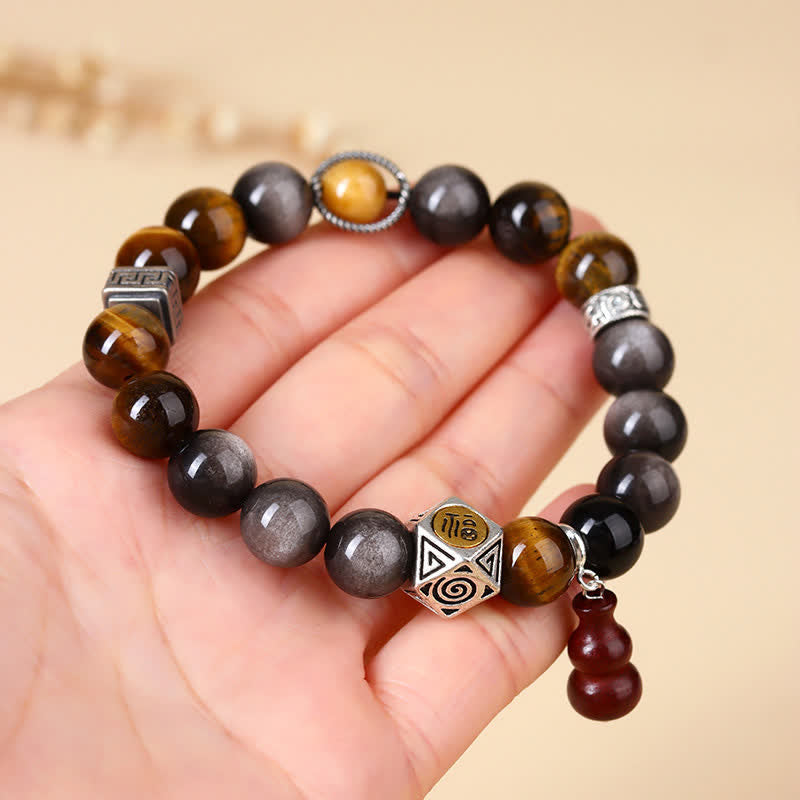 Buddha Stones Bracelet en calebasse orné du symbole Fu, en obsidienne argentée et à reflets argentés, symbole d'ancrage. - image 7