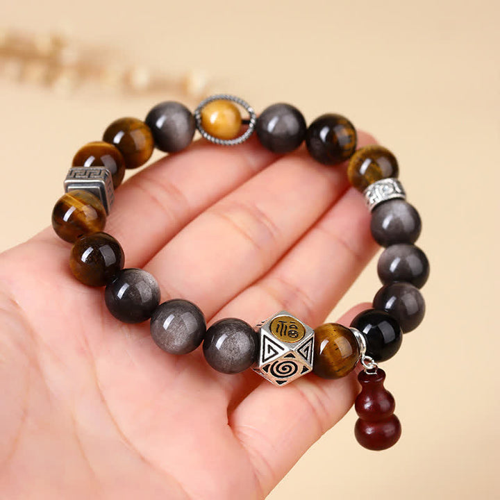 Buddha Stones Bracelet en calebasse orné du symbole Fu, en obsidienne argentée et à reflets argentés, symbole d'ancrage. - image 7