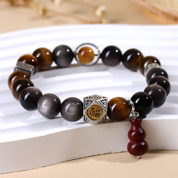 Buddha Stones Bracelet en calebasse orné du symbole Fu, en obsidienne argentée et à reflets argentés, symbole d'ancrage. - image 4