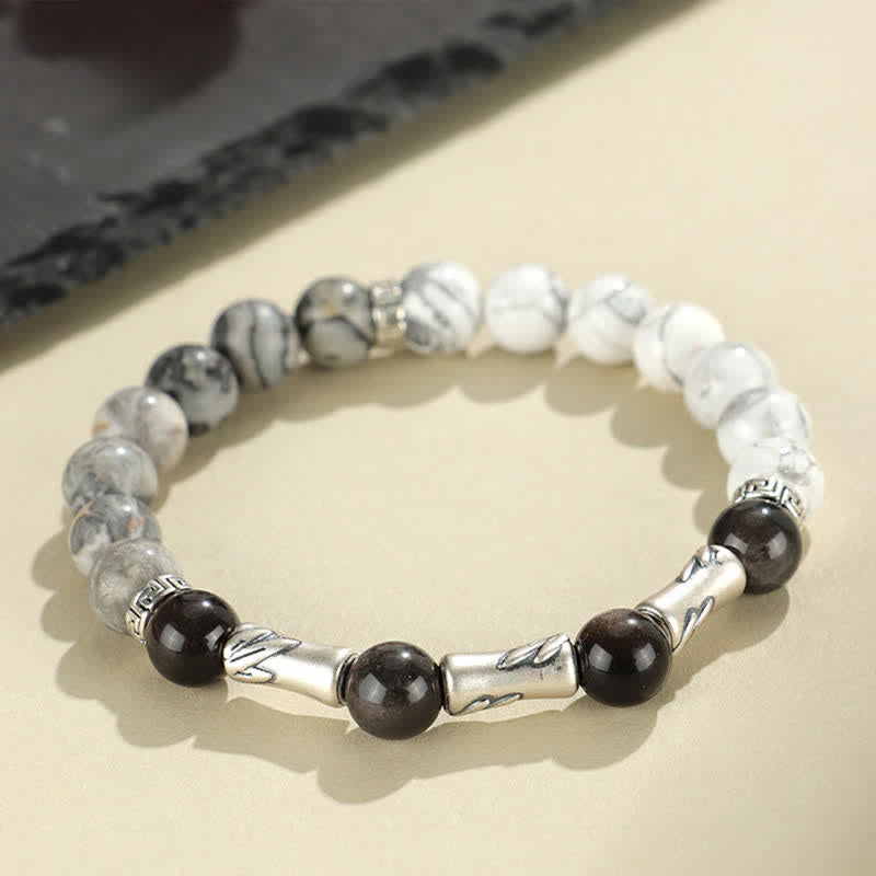 Buddha Stones Bracelet rond de mise à la terre en argent sterling 999, turquoise blanche et obsidienne argentée, orné de bambou. - image 2