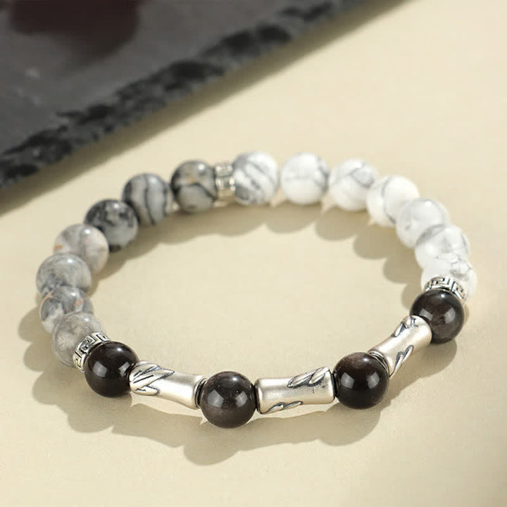 Buddha Stones Bracelet rond de mise à la terre en argent sterling 999, turquoise blanche et obsidienne argentée, orné de bambou. - image 2