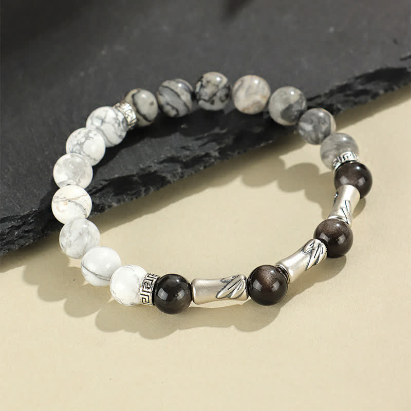 Buddha Stones Bracelet rond de mise à la terre en argent sterling 999, turquoise blanche et obsidienne argentée, orné de bambou. - image 3