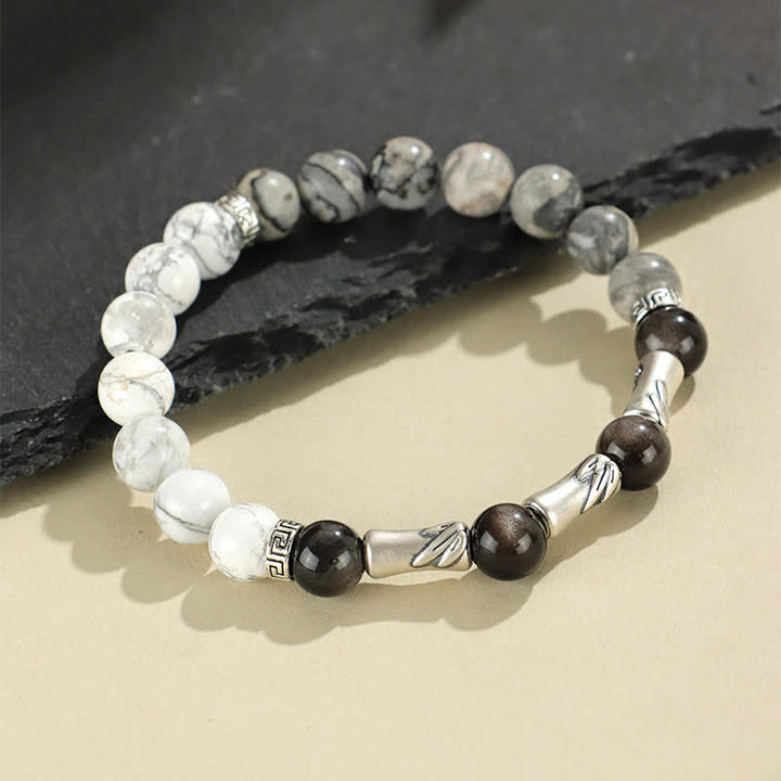 Buddha Stones Bracelet rond de mise à la terre en argent sterling 999, turquoise blanche et obsidienne argentée, orné de bambou. - image 3