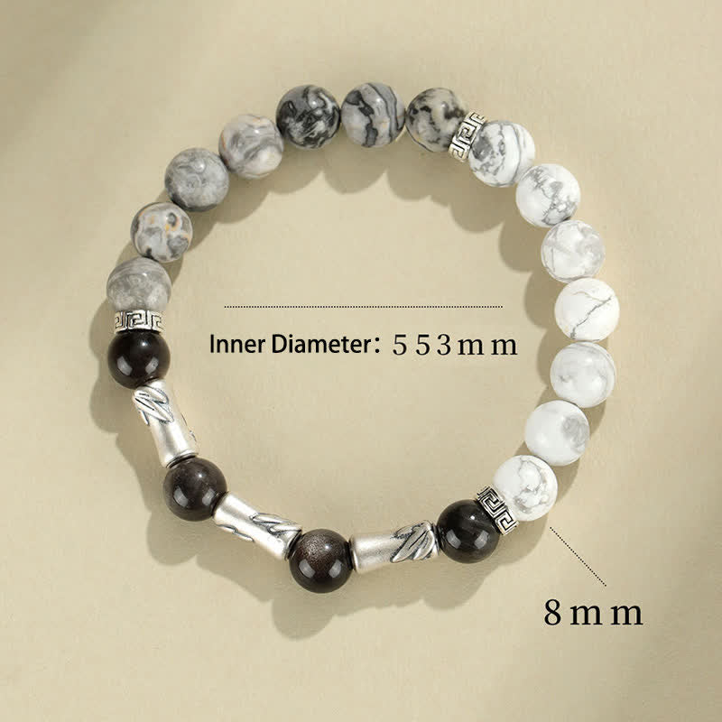 Buddha Stones Bracelet rond de mise à la terre en argent sterling 999, turquoise blanche et obsidienne argentée, orné de bambou. - image 8
