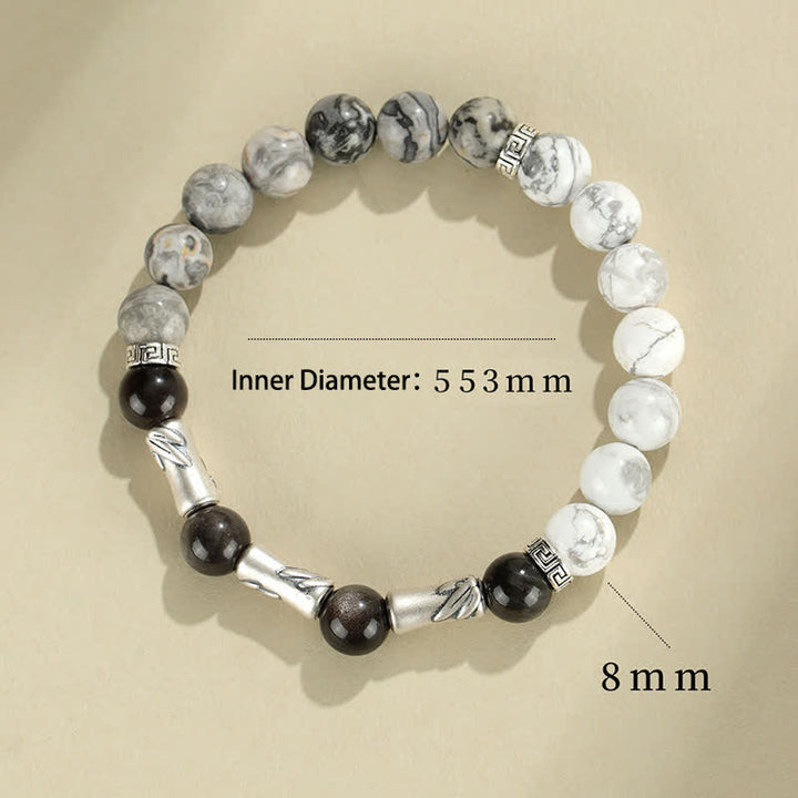 Buddha Stones Bracelet rond de mise à la terre en argent sterling 999, turquoise blanche et obsidienne argentée, orné de bambou. - image 8