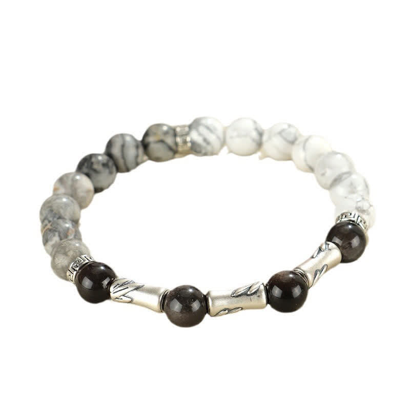 Buddha Stones Bracelet rond de mise à la terre en argent sterling 999, turquoise blanche et obsidienne argentée, orné de bambou. - image 11