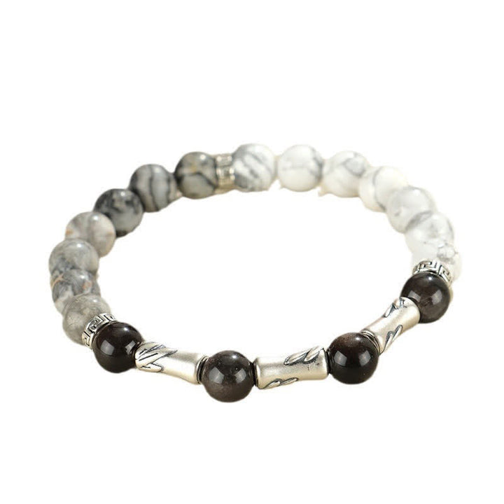 Buddha Stones Bracelet rond de mise à la terre en argent sterling 999, turquoise blanche et obsidienne argentée, orné de bambou. - image 11