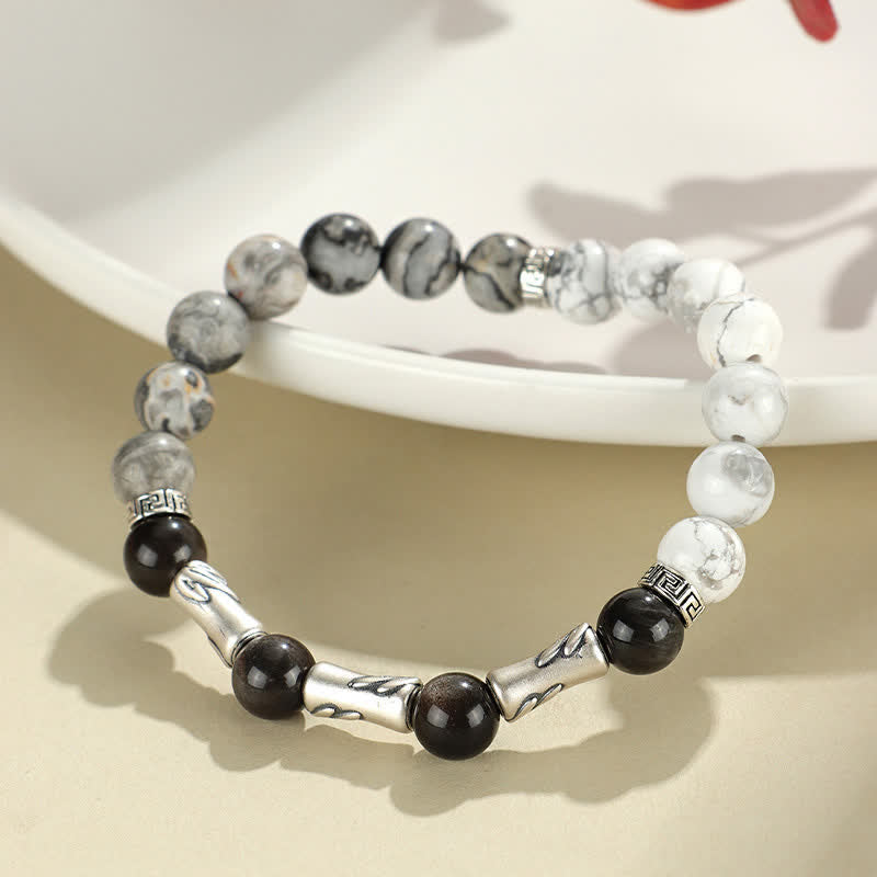 Buddha Stones Bracelet rond de mise à la terre en argent sterling 999, turquoise blanche et obsidienne argentée, orné de bambou. - image 1