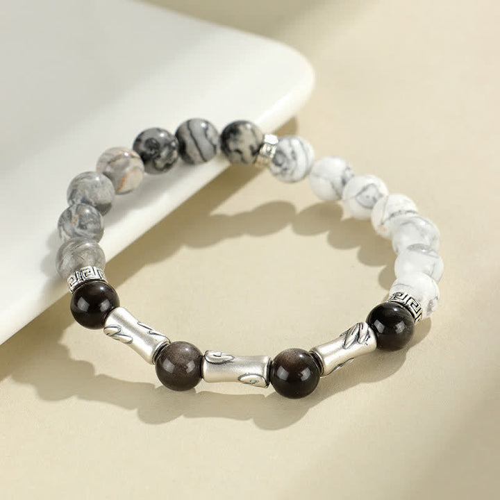 Buddha Stones Bracelet rond de mise à la terre en argent sterling 999, turquoise blanche et obsidienne argentée, orné de bambou. - Turquoise blanche (Calme ♥ Richesse Détente) - image 0