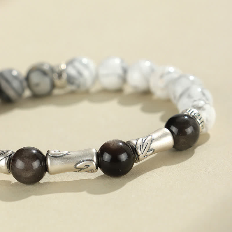 Buddha Stones Bracelet rond de mise à la terre en argent sterling 999, turquoise blanche et obsidienne argentée, orné de bambou. - image 9