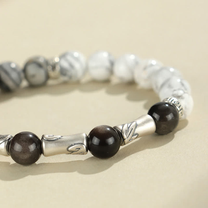 Buddha Stones Bracelet rond de mise à la terre en argent sterling 999, turquoise blanche et obsidienne argentée, orné de bambou. - image 9