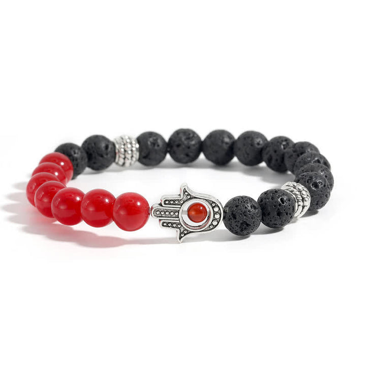 Buddha Stones Bracelet rond artisanal en pierre de lave et paume de Hamsa - Agate rouge et roche volcanique - image 8