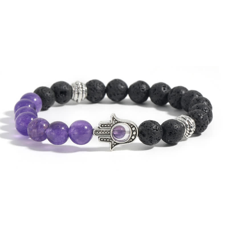 Buddha Stones Bracelet rond artisanal en pierre de lave et paume de Hamsa - Calcédoine violette et roche volcanique - image 9