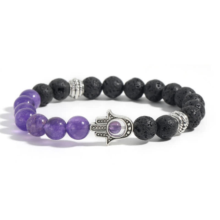 Buddha Stones Bracelet rond artisanal en pierre de lave et paume de Hamsa - Calcédoine violette et roche volcanique - image 9