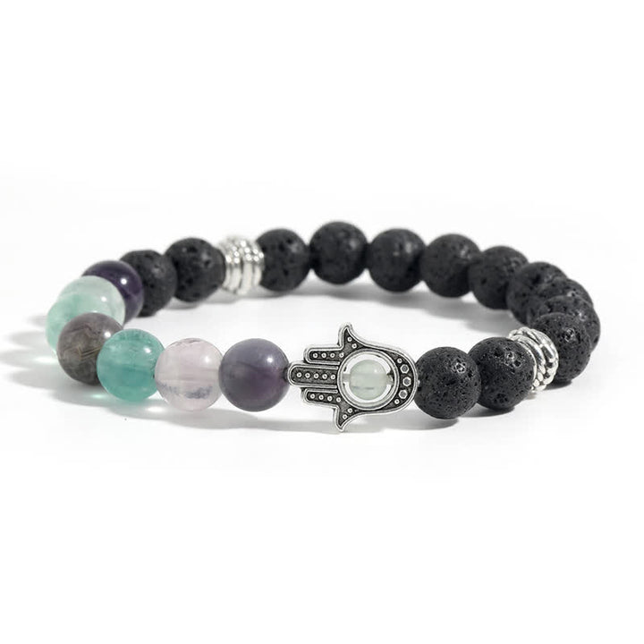 Buddha Stones Bracelet rond artisanal en pierre de lave et paume de Hamsa - Fluorite naturelle et roches de lave - image 3