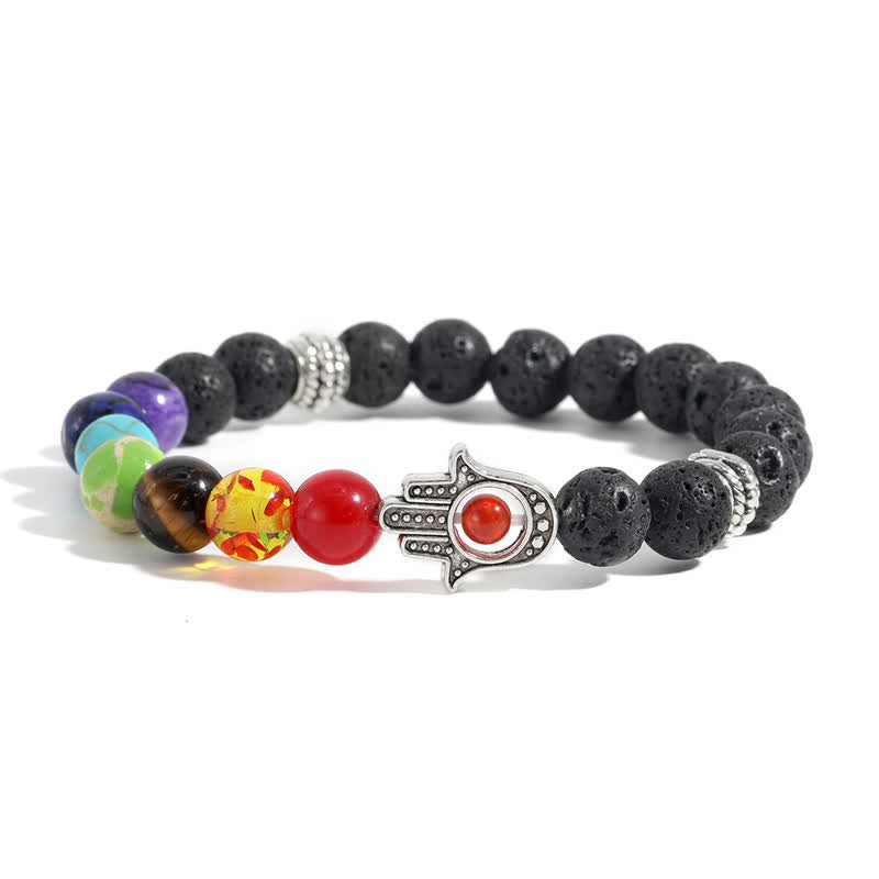 Buddha Stones Bracelet rond artisanal en pierre de lave et paume de Hamsa - Pierre multicolore et roche de lave - image 7