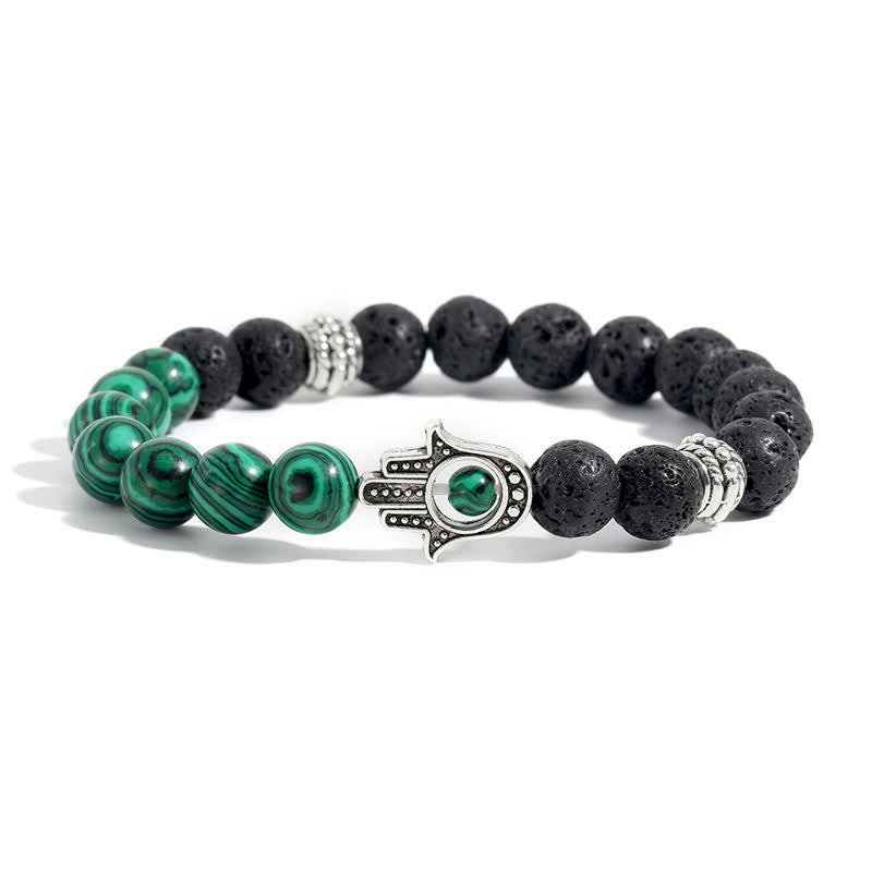 Buddha Stones Bracelet rond artisanal en pierre de lave et paume de Hamsa - Agate paon et roche de lave - image 2