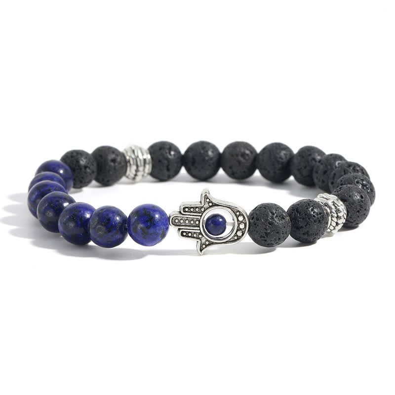 Buddha Stones Bracelet rond artisanal en pierre de lave et paume de Hamsa - Imitation lapis-lazuli et roche de lave - image 13