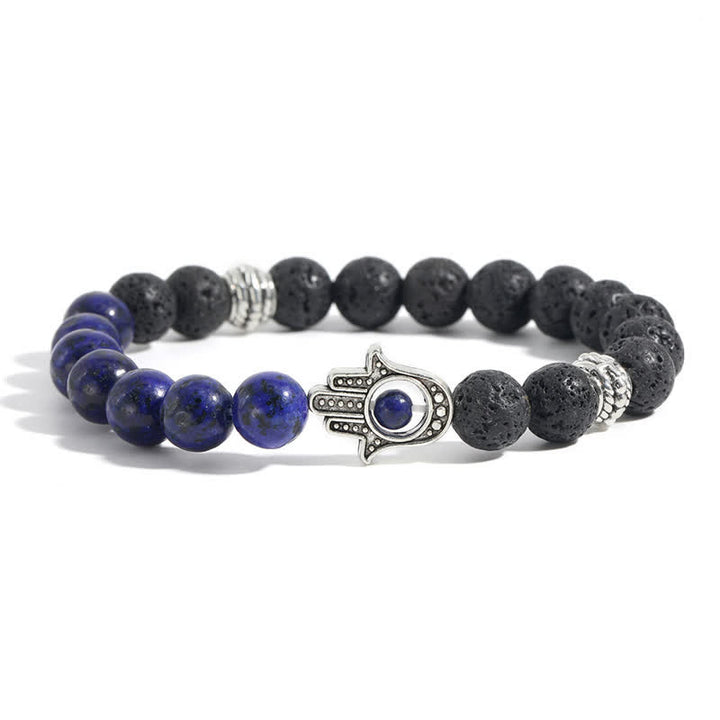 Buddha Stones Bracelet rond artisanal en pierre de lave et paume de Hamsa - Imitation lapis-lazuli et roche de lave - image 13